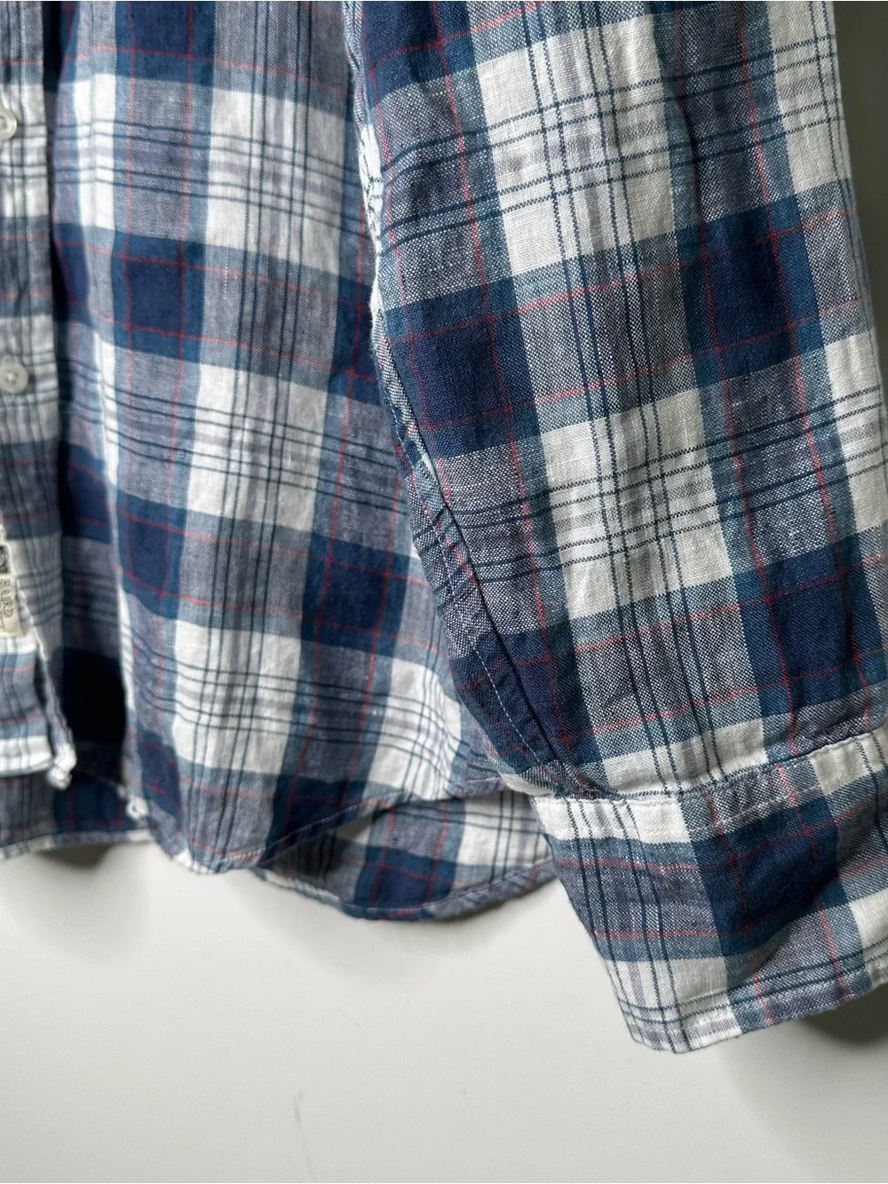 J. Crew Baird McNutt Irish Linen Plaid Shirt Mens XL Slim Blue White Button Down